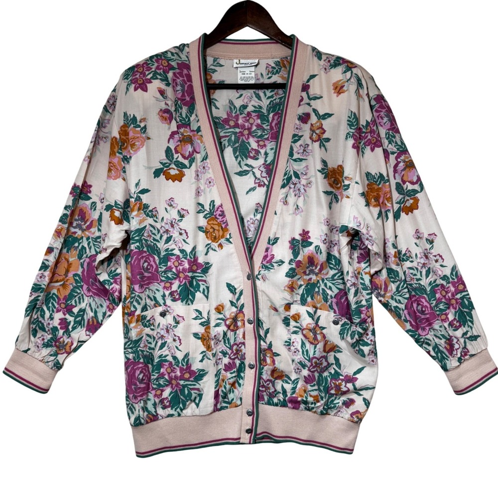 VTG Justin B. Jones Floral Button Cardigan Sweater Medium Made in USA 80s 90s